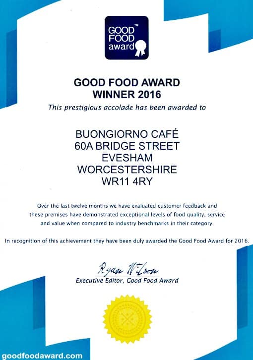 Good food awards certificate 2018